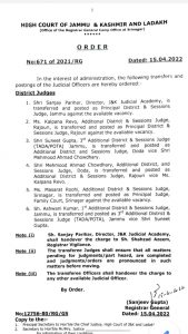 District and sessions judges transferred in Jammu Division
